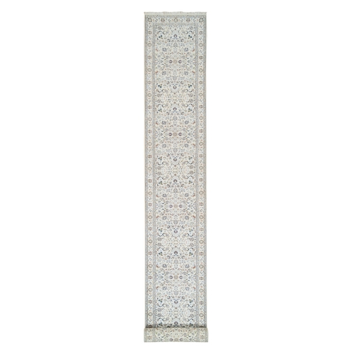 Ivory, Nain with All Over Design, 250 KPSI, Wool and Silk, Hand Knotted, Wide XL Runner Oriental Rug