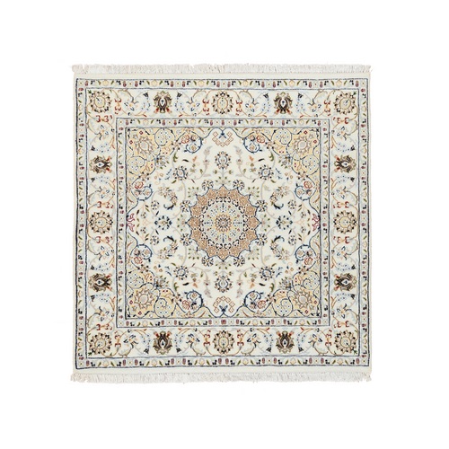 Ivory, Hand Knotted, Nain with Flower Medallion Design, Wool and Silk, 250 KPSI, Square Oriental Rug