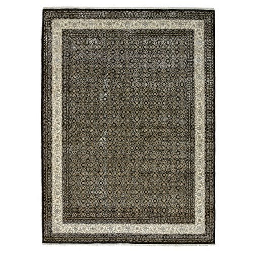 Black, Herati with All Over Fish Mahi Design, 250 KPSI, Wool and Silk, Densely Woven, Hand Knotted, Oriental Rug
