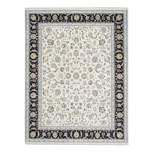 Ivory with Midnight Blue Border, 250 KPSI, Wool and Silk, Hand Knotted, Nain All Over Design, Oriental Rug