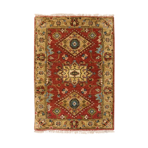 Red-Gold, Karajeh Design, with Geometric Medallions Design, Hand Knotted, Pure Wool, Oriental 