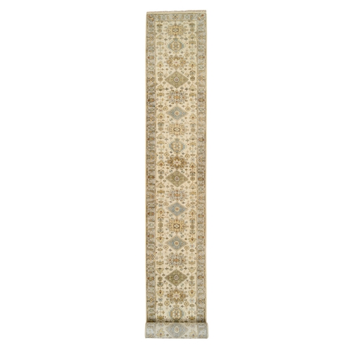 Ivory and Gray, Hand Knotted Karajeh Design Tribal Medallions, Extra Soft Wool, XL Runner Oriental 