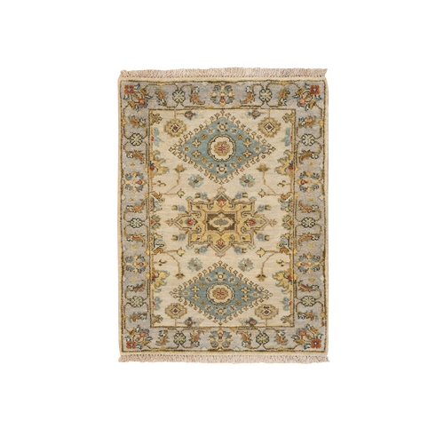 Ivory and Gray, Pure Wool Hand Knotted, Karajeh Design with Tribal Medallions, Mat Oriental 