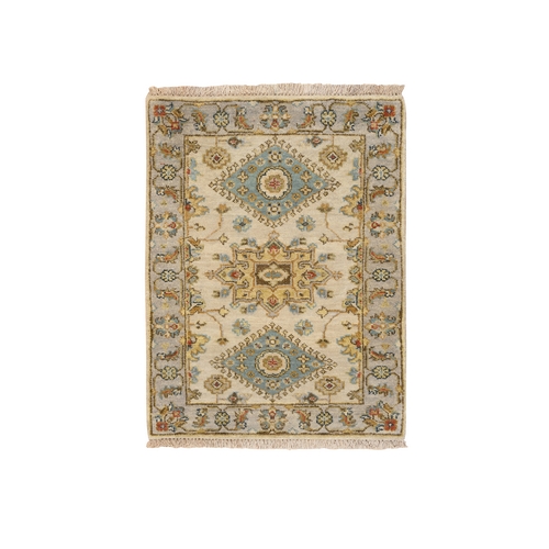 Ivory and Gray, Karajeh Design with Tribal Medallions, Organic Wool Hand Knotted, Mat Oriental 