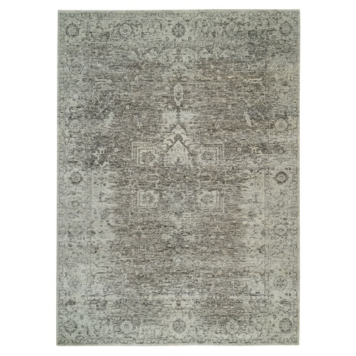 Gray, Erased Persian Heriz Design Soft Pile, Undyed Natural Ghazni Wool Hand Knotted, Oriental 
