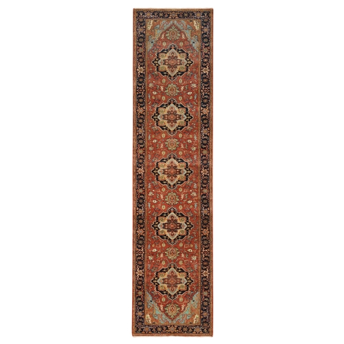 Terracotta Red, Extra Soft Wool Hand Knotted, Antiqued Fine Heriz Re-Creation, Densely Woven Natural Dyes, Runner Oriental Rug