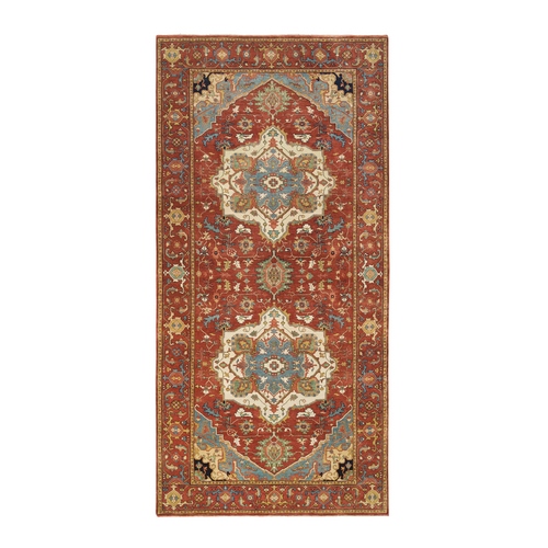 Terracotta Red, Soft Wool Hand Knotted, Antiqued Fine Heriz Re-Creation, Densely Woven Natural Dyes, Gallery Size Runner Oriental 