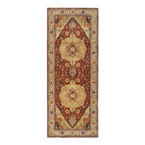 Terracotta Red, Natural Dyes Hand Spun Wool, Hand Knotted Antiqued Fine Heriz Re-Creation Densely Woven, Wide Runner Oriental 
