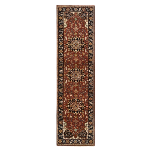 Rust Red, Hand Knotted Antiqued Sarouk Design, Re-Creation Densely Woven, Natural Dyes Organic Wool, Runner Oriental Rug