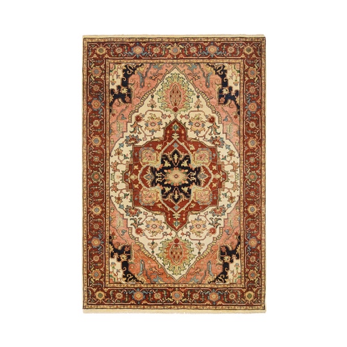 Ivory, Antiqued Fine Heriz Re-Creation Pure Wool, Hand Knotted, Oriental Rug