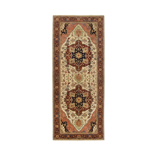 Ivory, Antiqued Fine Heriz Re-Creation, Soft Wool Hand Knotted, Wide Runner Oriental 