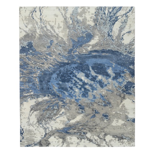 Blue, Abstract Design Hi-low Pile, Wool and Silk Hand Knotted, Oriental Rug