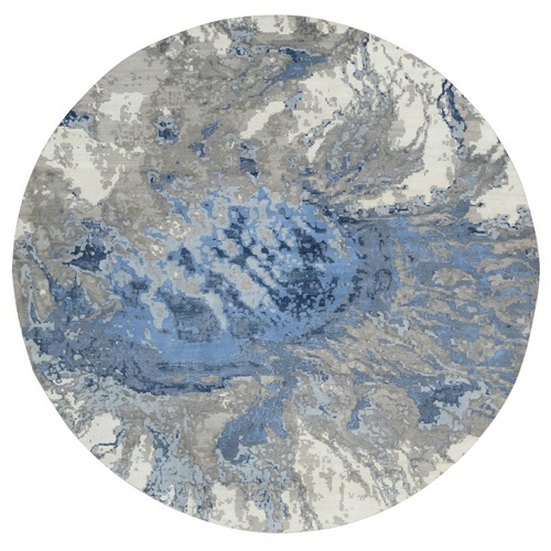 Blue, Hand Knotted Modern Abstract Design, Hi-low Pile Wool and Silk, Round Oriental Rug