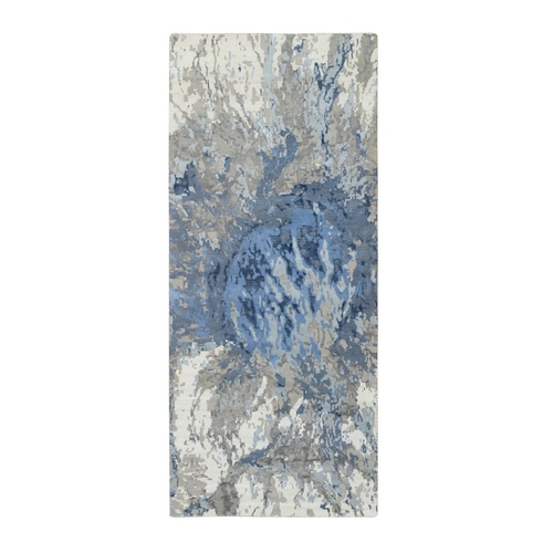 Blue, Wool and Silk Hand Knotted, Modern Abstract Design Hi-low Pile, Wide Runner Oriental Rug