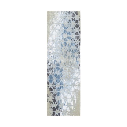 Gray and Blue, THE HONEYCOMB Award Winning Design, Wool and Silk Hand Knotted, Runner Oriental 