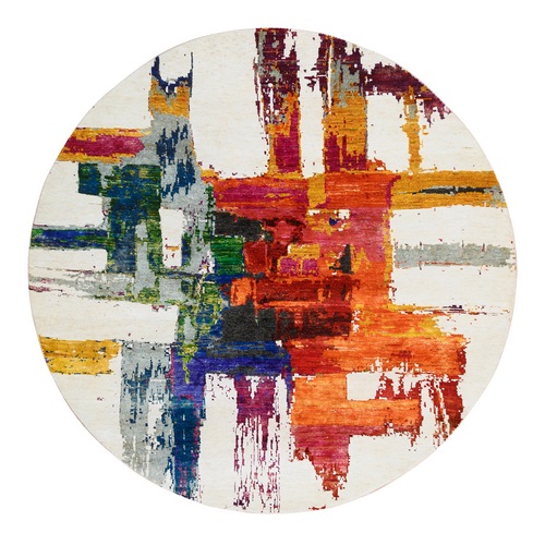 Colorful, Modern Abstract Motifs Painter's Brush Strokes, Wool and Sari Silk, Hand Knotted, Round Oriental Rug