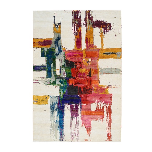 Colorful, Hand Knotted, Modern Abstract Motifs Painter's Brush Strokes, Wool and Sari Silk, Oriental 