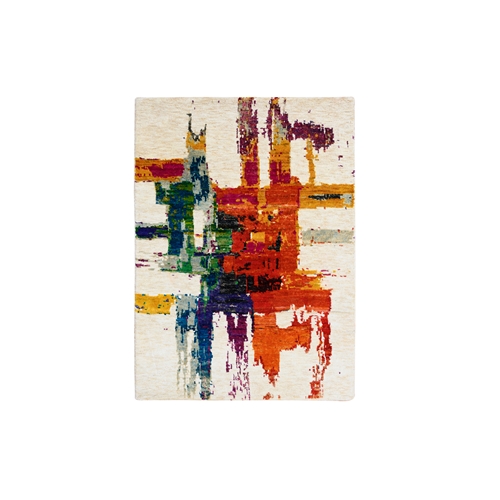 Colorful, Wool and Sari Silk, Hand Knotted, Modern Abstract Motifs Painter's Brush Strokes, Mat Oriental 