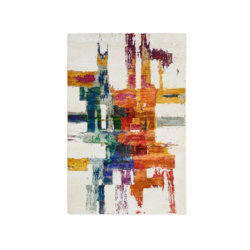 Colorful, Modern Abstract Motifs Painter's Brush Strokes, Wool and Sari Silk, Hand Knotted, Oriental 