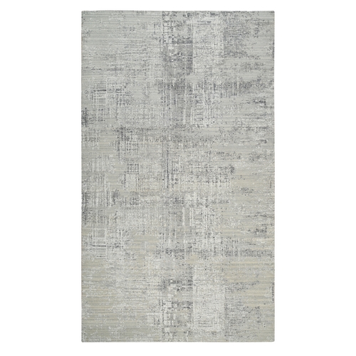 Light Gray, Modern Design, Hand Spun Undyed Natural Wool, Hand Knotted, Gallery Size Runner Oriental Rug