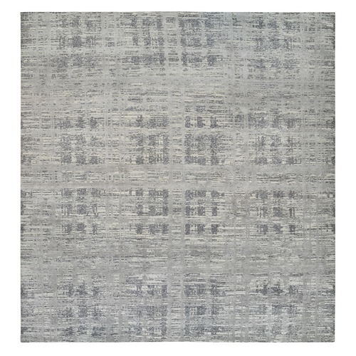 Light Gray, Modern Design, Hand Spun Undyed Natural Wool, Hand Knotted, Square Oriental Rug