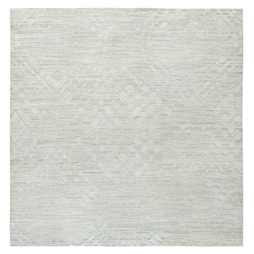 Light Gray, Modern Design, Hand Spun Undyed Natural Wool, Hand Knotted, Square Oriental Rug