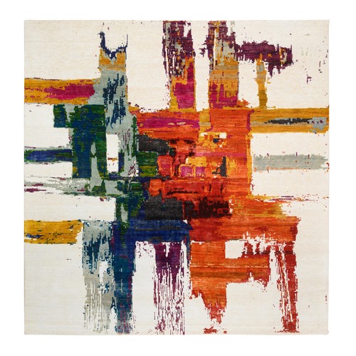 Colorful, Hand Knotted Modern Abstract Motifs with Painter's Brush Strokes, Wool and Sari Silk, Square Oriental Rug