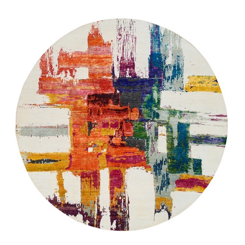 Colorful, Modern Abstract Motifs with Painter's Brush Strokes, Silk With Textured Wool Hand Knotted, Round Oriental Rug