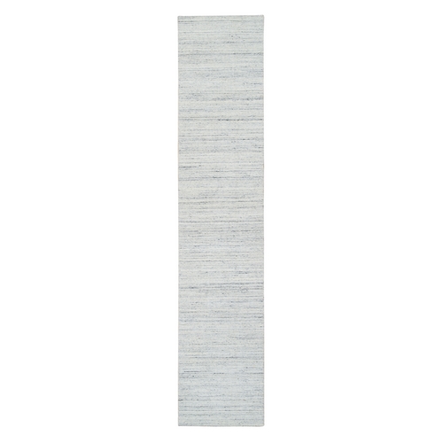 Ivory, Plain Modern Striped Design Soft Pile, Organic Wool Hand Loomed, Runner Oriental Rug