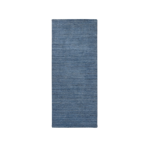 Denim Blue, Hand Loomed Modern Design, Tone on Tone Natural Wool, Runner Oriental Rug