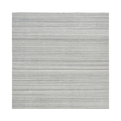 Platinum Gray and Cream, Plain Hand Loomed Undyed Natural Wool, Modern Design Thick and Plush, Square Oriental Rug