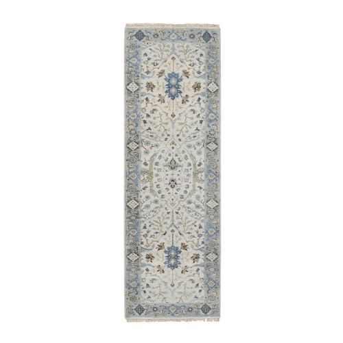 Light Gray, Hand Knotted Oushak with Floral Design, Denser Weave Pure Wool, Runner Oriental Rug
