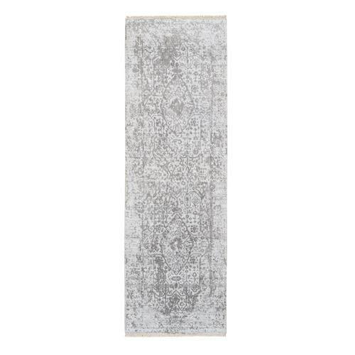 Gray, Broken Persian Design, Wool and Pure Silk Hand Knotted, Runner Oriental 