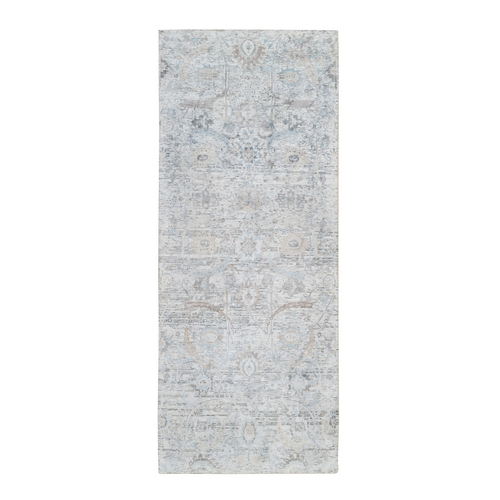 Ivory and Blue, Sickle Leaf Design Soft Pile, Silk with Textured Wool Hand Knotted, Wide Runner Oriental Rug