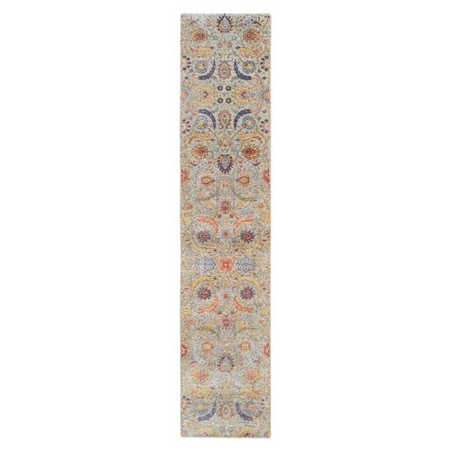 Tan, Sickle Leaf Design, Silk With Textured Wool Hand Knotted, Runner Oriental Rug