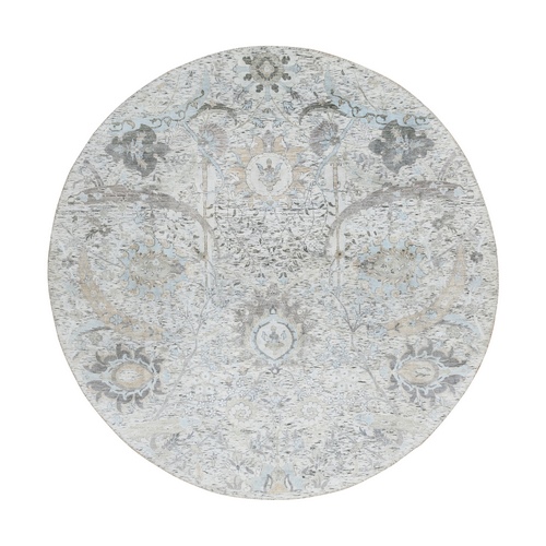 Ivory and Blue, Soft Pile Silk with Textured Wool, Hand Knotted Sickle Leaf Design, Round Oriental 