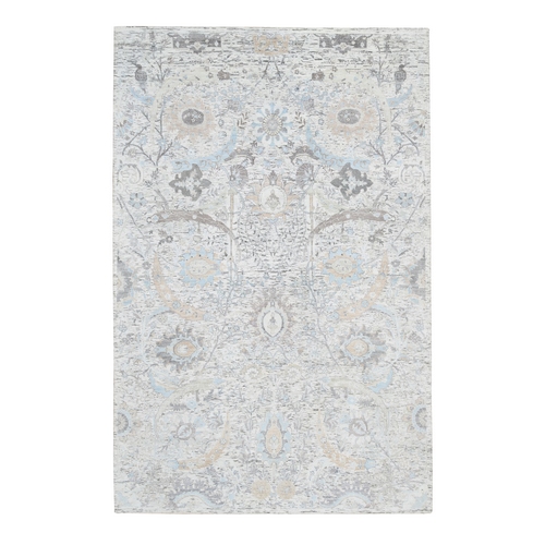 Ivory and Blue, Soft Pile Silk with Textured Wool, Hand Knotted Sickle Leaf Design, Oriental Rug