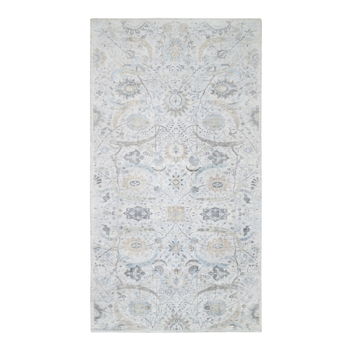 Ivory and Blue Hand Knotted Sickle Leaf Design, Soft Pile Silk with Textured Wool, Gallery Size Runner Oriental Rug
