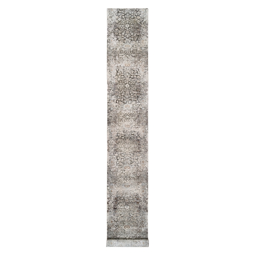 Gray, Modern Transitional Persian Influence Erased Medallion Design, Silk with Textured Wool Hand Knotted, XL Runner Oriental Rug