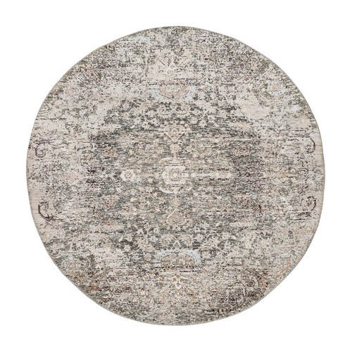 Gray, Silk with Textured Wool Hand Knotted, Modern Transitional Persian Influence Erased Medallion Design, Round Oriental Rug