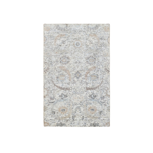 Ivory and Blue, Silk with Textured Wool Hand Knotted, Sickle Leaf Design Soft Pile, Oriental Rug