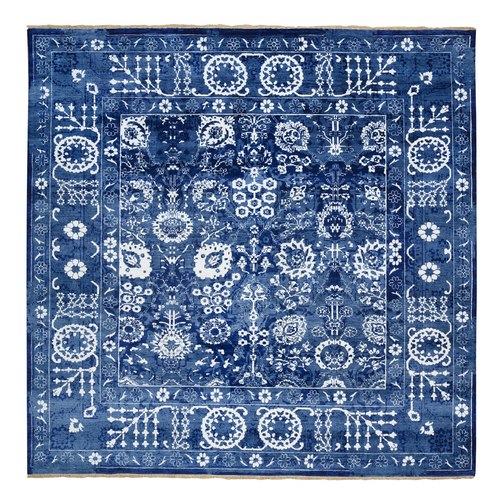 Denim Blue, Hand Knotted Tabriz with All Over Motifs, Tone on Tone Wool and Silk, Square Oriental Rug