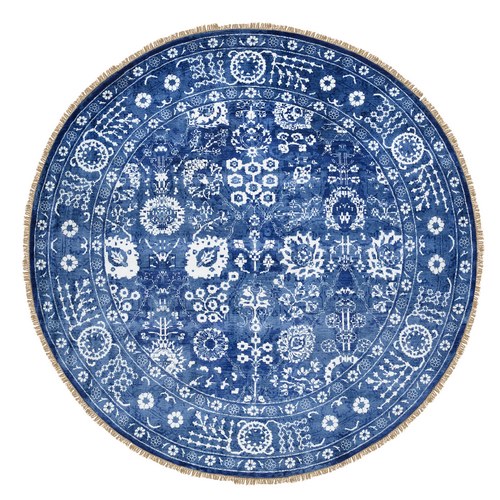 Denim Blue, Tabriz with All Over Motifs Tone on Tone, Wool and Silk Hand Knotted, Round Oriental Rug