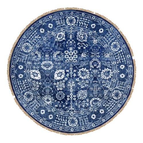 Denim Blue, Hand Knotted Tabriz with All Over Motifs, Tone on Tone Wool and Silk, Round Oriental Rug