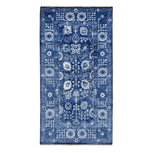 Denim Blue, Tone on Tone Wool and Silk, Hand Knotted Tabriz with All Over Motifs, Gallery Size Runner Oriental Rug