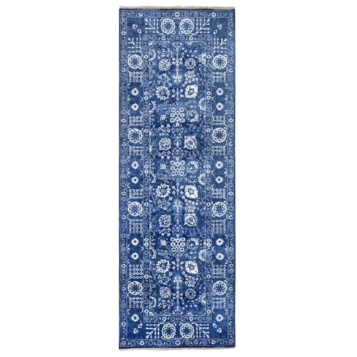 Denim Blue, Wool and Silk Hand Knotted, Tabriz with All Over Motifs Tone on Tone, Wide Runner Oriental Rug