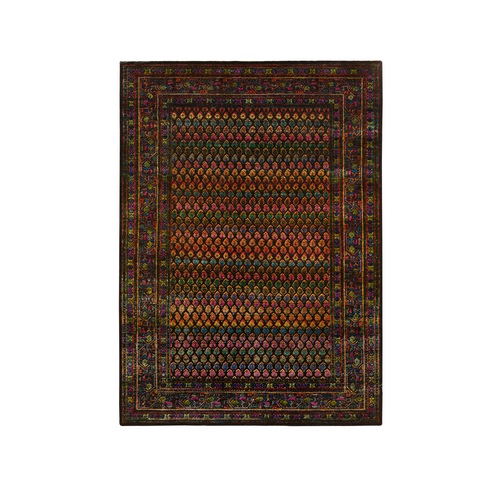 Black, Sarouk Mir Inspired With Repetitive Boteh Design, Wool and Sari Silk Hand Knotted, Oriental Rug