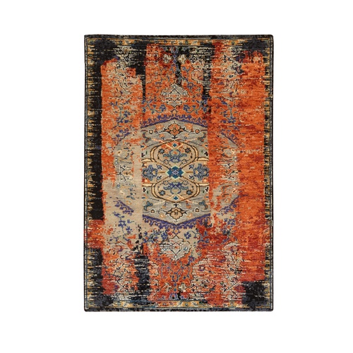Rust Red and Black, Ancient Ottoman Erased Design,  Ghazni Wool Hand Knotted, Oriental Rug