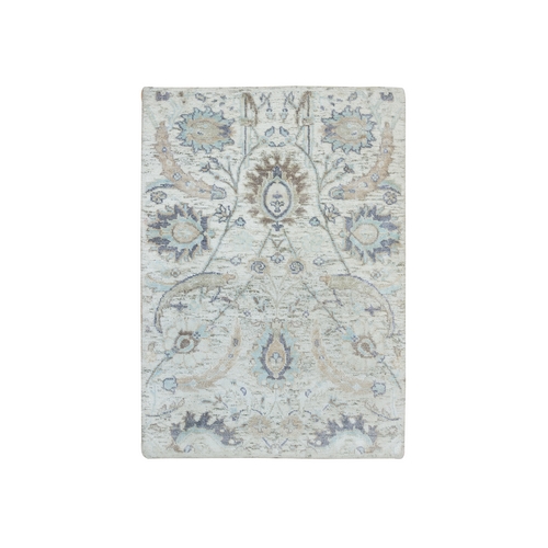 Ivory, Sickle Leaf Design Soft Pile, Silk With Textured Wool Hand Knotted, Mat Oriental Rug