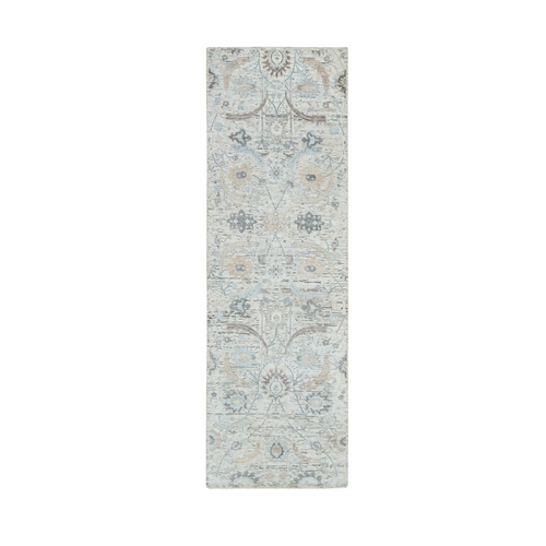 Ivory, Hand Knotted Sickle Leaf Design, Soft Pile Silk With Textured Wool, Runner Oriental Rug